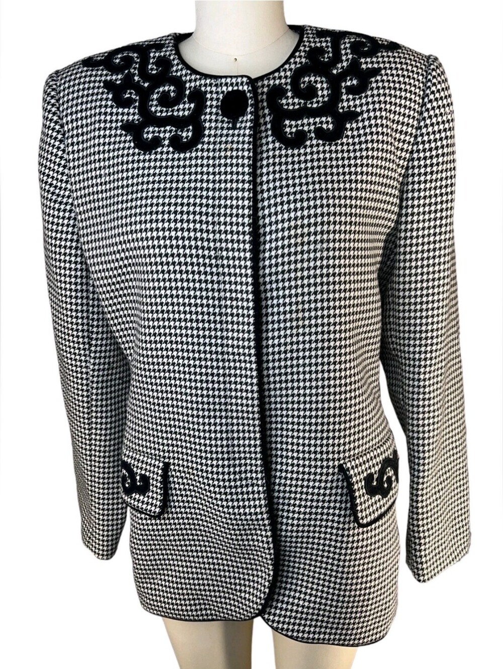 Black & White Houndstooth Women's Blazer with Decorative Trim